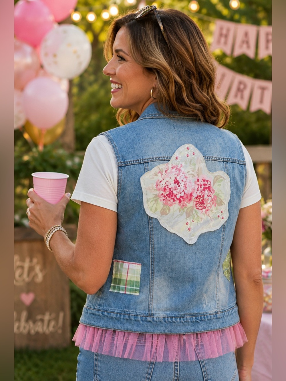 UPCYCLED Denim Boho Vest with Stitched Patches. Frayed Distressed. Size XL.